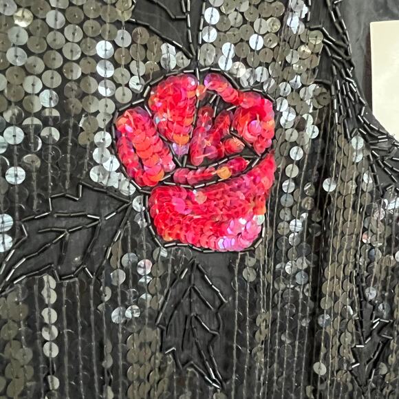 Vintage Y2K Silk Beaded Sequin Women Shirt Size 1X Black Roses Whimsigoth Witchy - Picture 7 of 12